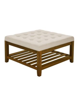 Ivory Upholstered Square Ottoman Coffee Table with Tufted Linen and Beech Wood Shelf