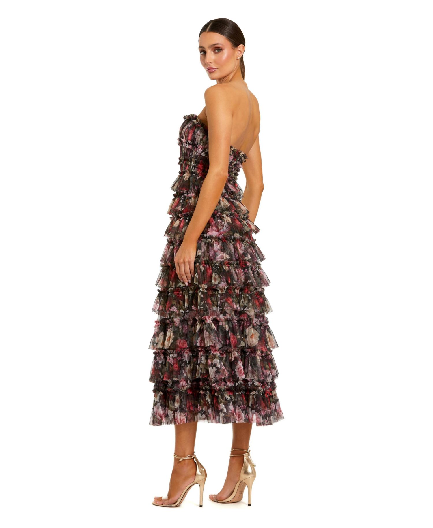 Women's Strapless Micro Ruffle A Line Midi Dress