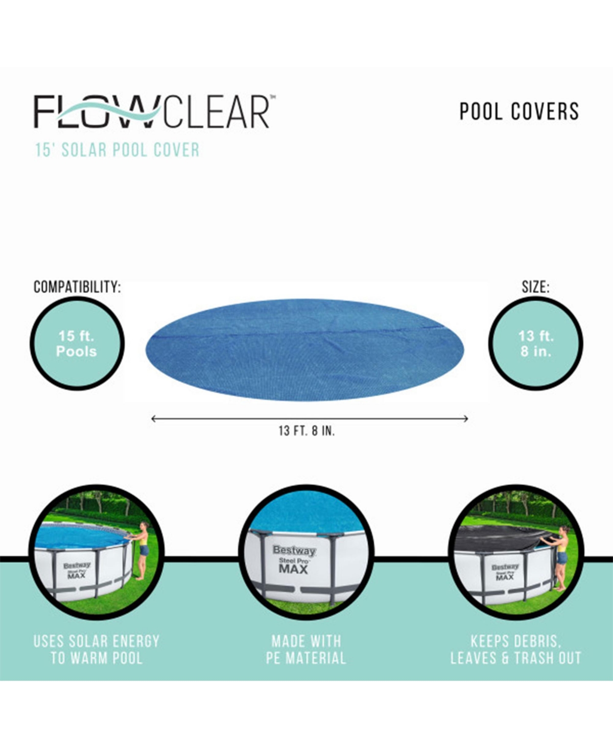 Bestway Flowclear 14 Feet Round Above Ground Pool Solar Pool Cover Only, Blue
