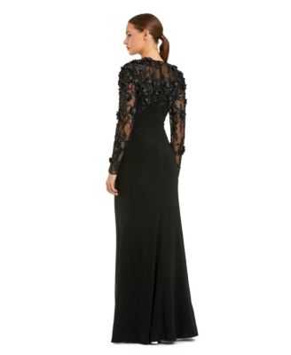 Women's Jersey Long Sleeve Fitted Gown With Floral Beading