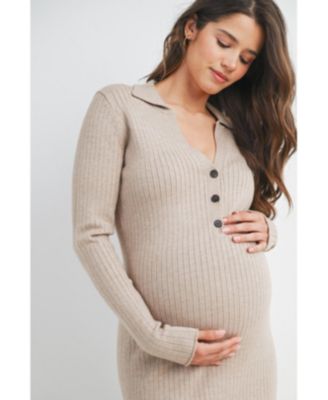 Maternity Long Sleeve Ribbed Collared V Neck Nursing Dress