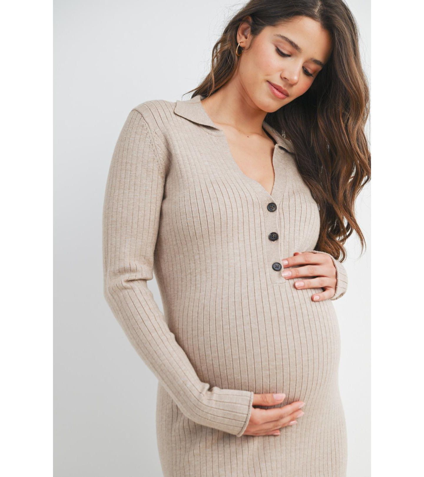 Женское платье Hello Miz Long Sleeve Ribbed Collared V Neck Nursing, цвет: Овсяный — фото 4