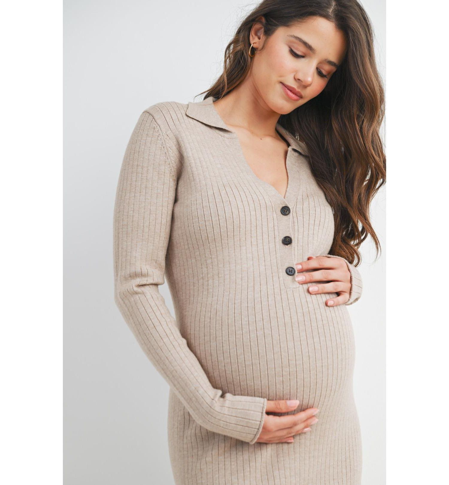 Women's Long Sleeve Ribbed Collared V Neck Nursing Dress