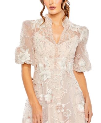 Women's Embroidered Queen Anne Puff Sleeve A-Line Gown