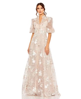 Women's Embroidered Queen Anne Puff Sleeve A-Line Gown