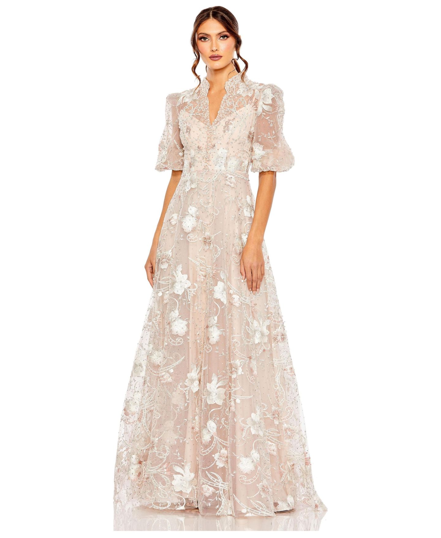 Женские платья Mac Duggal Embroidered Queen Anne Puff Sleeve A Line Gown, цвет: Пудровый — фото 1