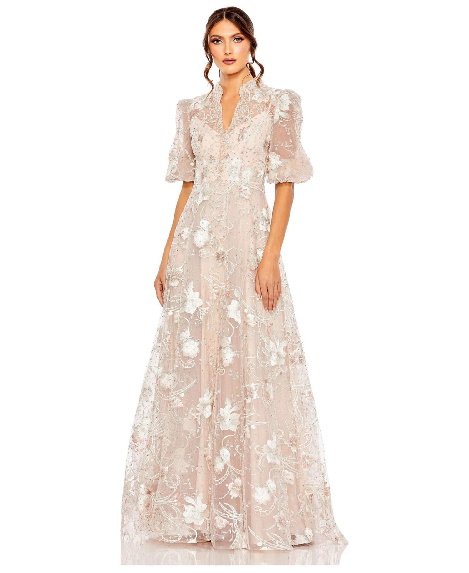 Women's Embroidered Queen Anne Puff Sleeve A-Line Gown