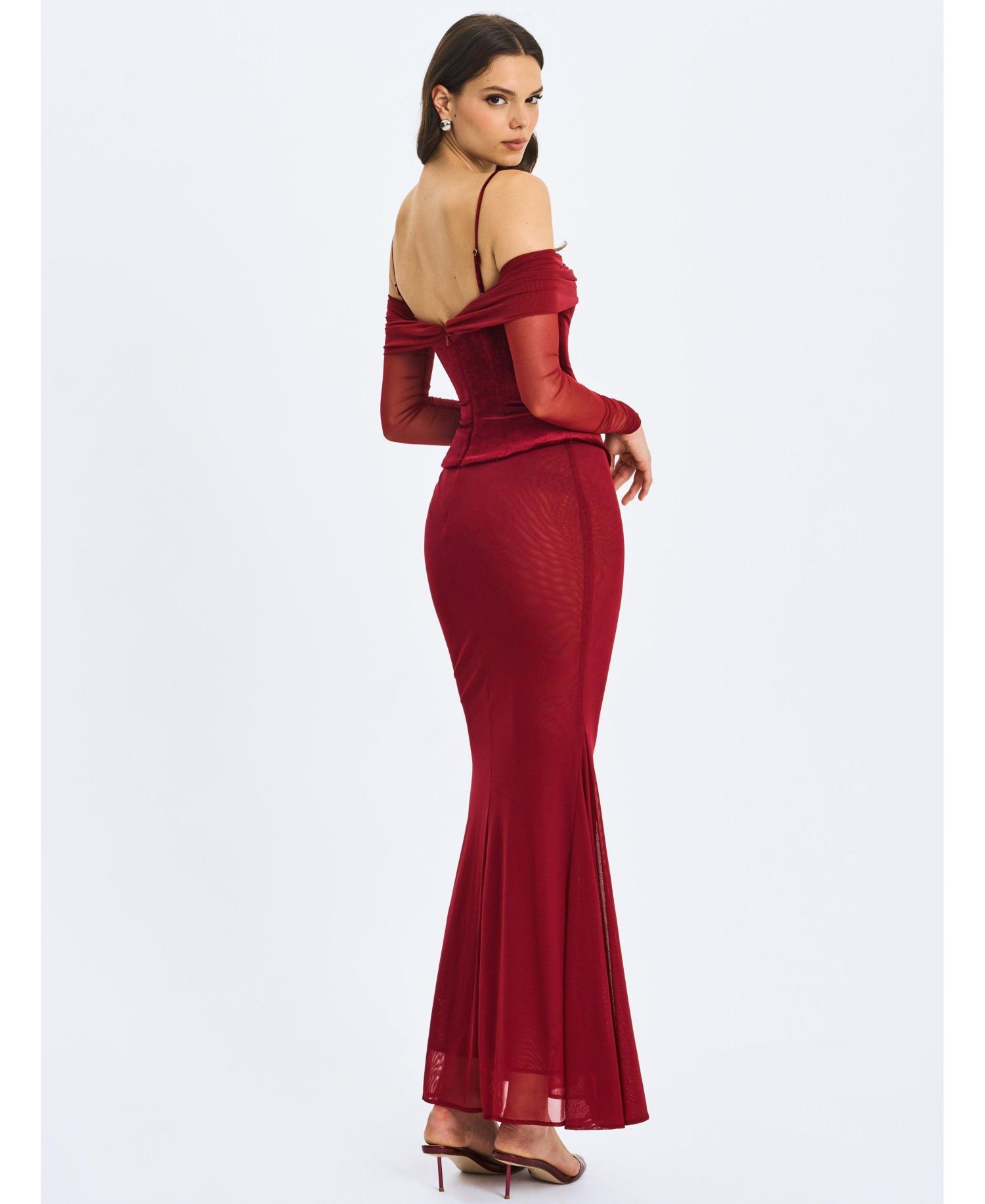 Women's Maybelle Magenta Bardot Lace Strap Peplum Maxi Dress