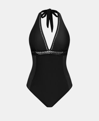 Women's V-Neck Halter One-Piece Swimsuit with Mesh Trim
