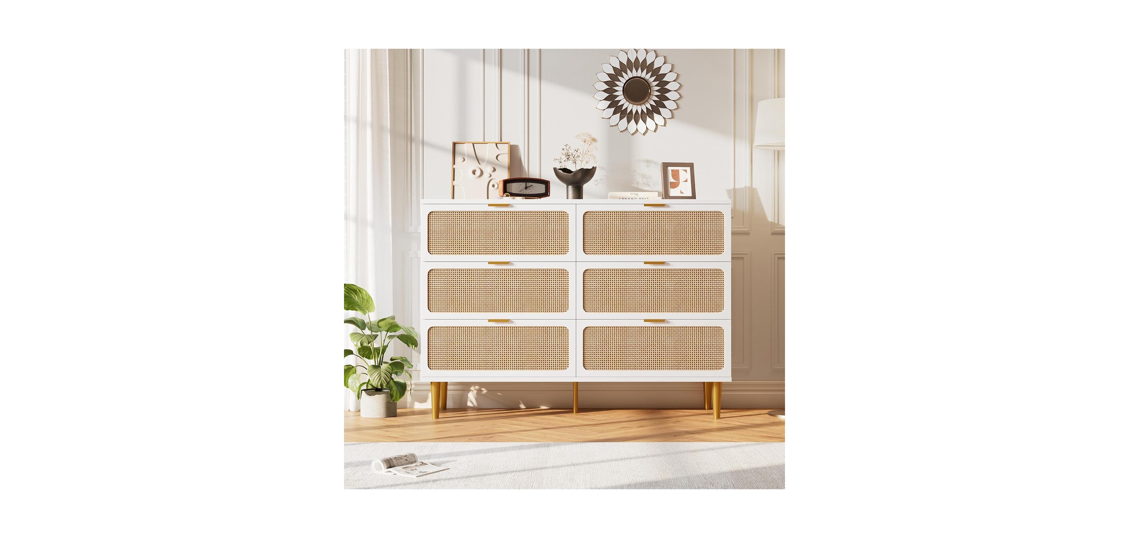 gaomon 6-Drawer Rattan Dresser, Wide Top, Large Double Chest for Bedroom, Closet, Living Room, Hallway, Kids Room, White