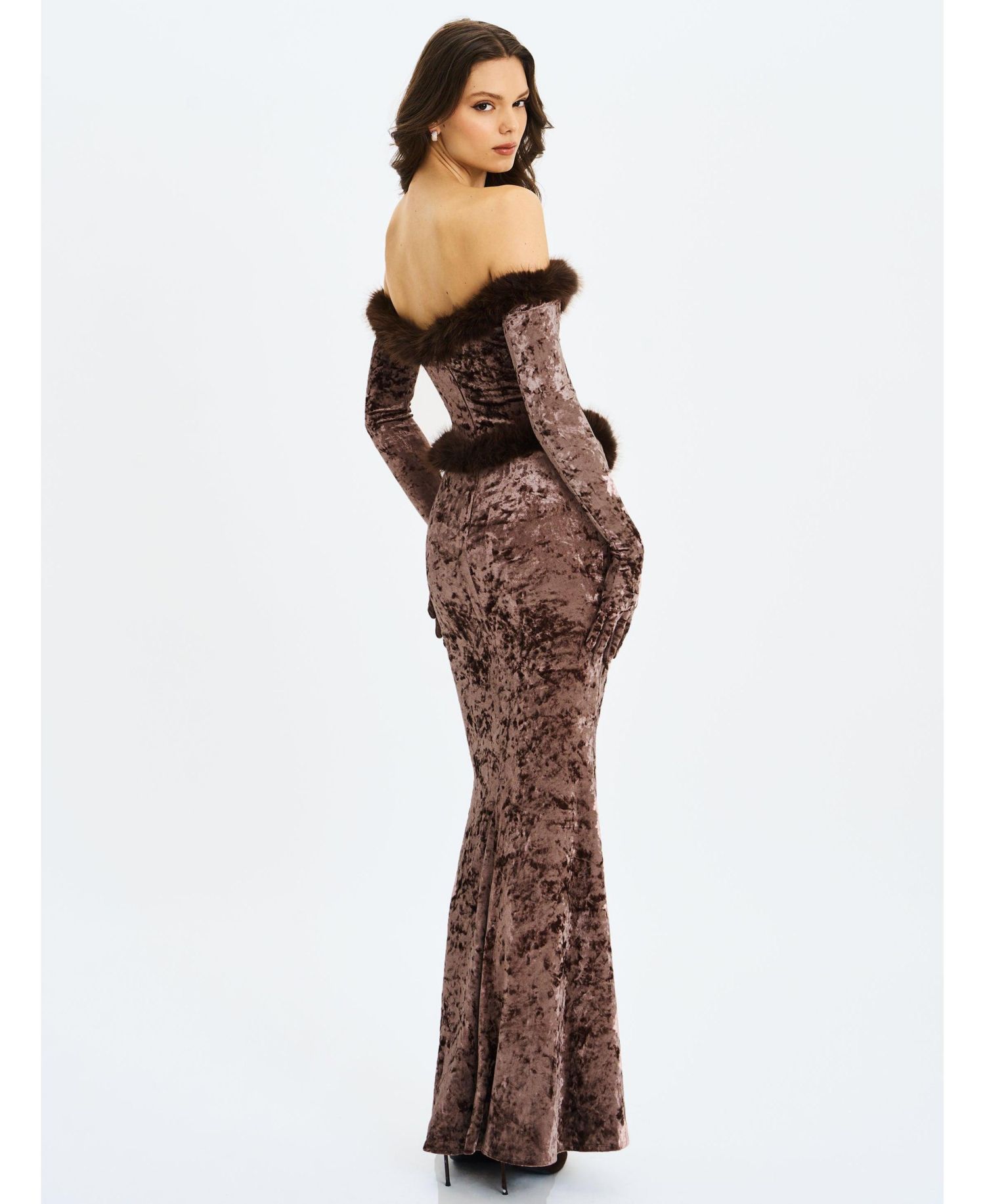Women's Tessa Coffee Sweetheart Bardot Faux Fur Velvet Mermaid Maxi Dress
