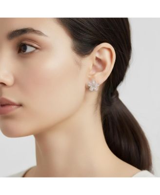 Sterling Silver 18K Rose Plated Clear Cubic Zirconia Flower Stud Earrings