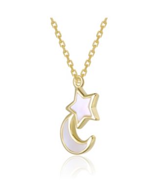 14K Gold Plated with White Mother of Pearl Moon & Mother Of Pearl Celestial Star or Blue Enamel Pendant Necklace