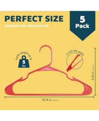 heavy-duty red hangers with non-slip grooves, space-saving design, holds 5 lbs. Pack of 5 for clothes & coats.