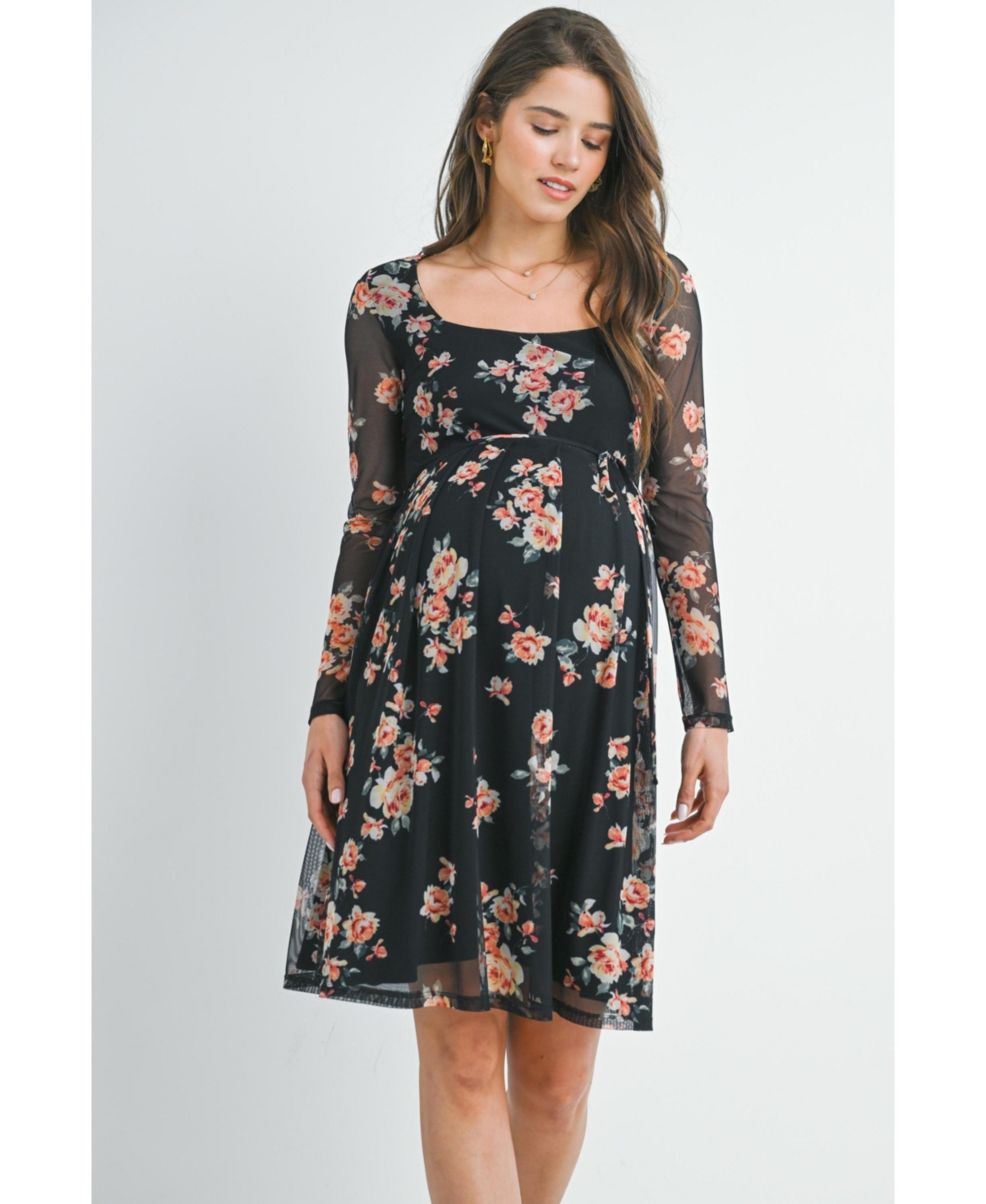 Hello Miz Maternity Floral Square Neck Long Sleeve Dress