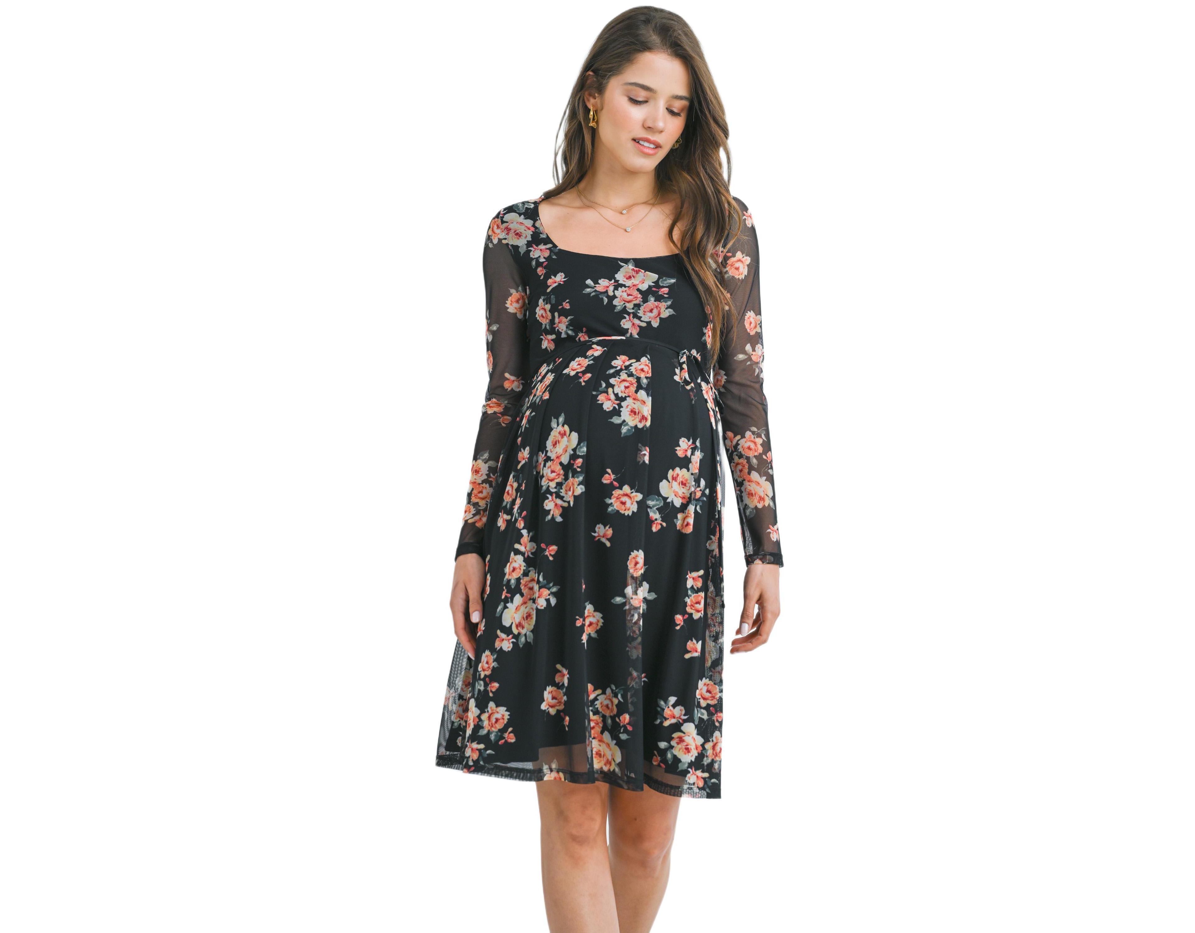 Hello Miz Maternity Floral Square Neck Long Sleeve Dress
