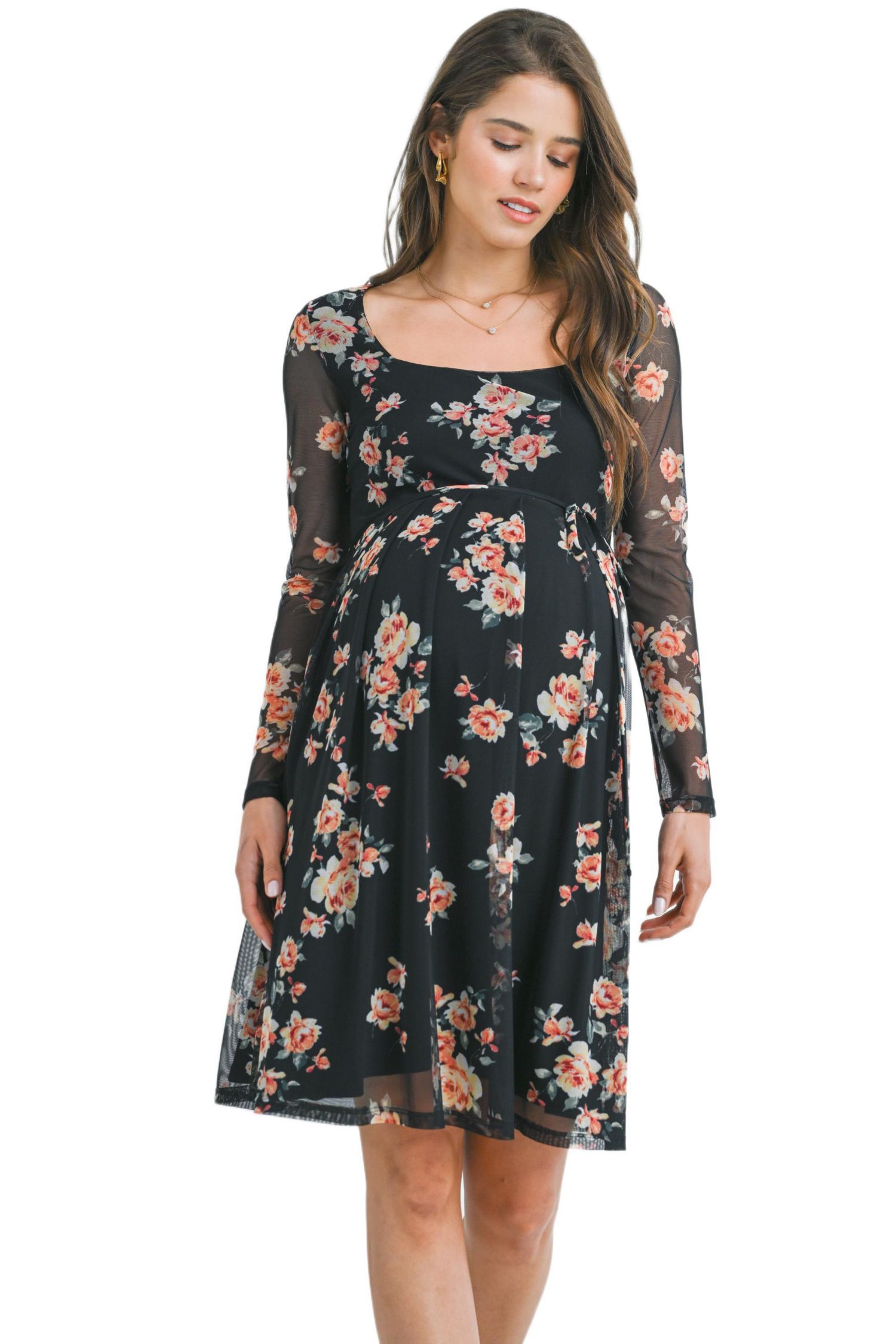 Maternity Floral Square Neck Long Sleeve Dress