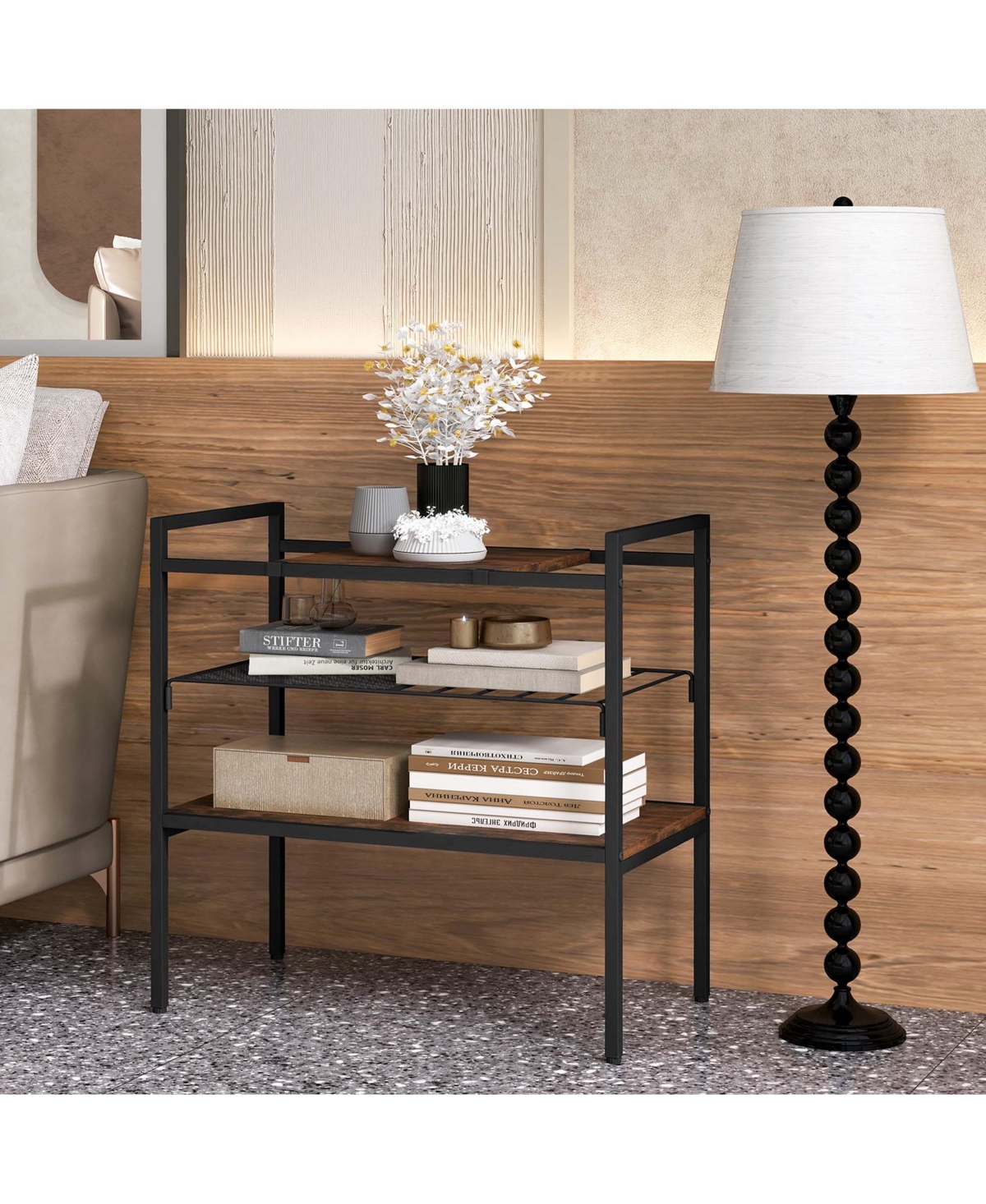 Industrial Entryway Table 3-Tier Sofa Side Table with Removable Panel & Mesh Shelf