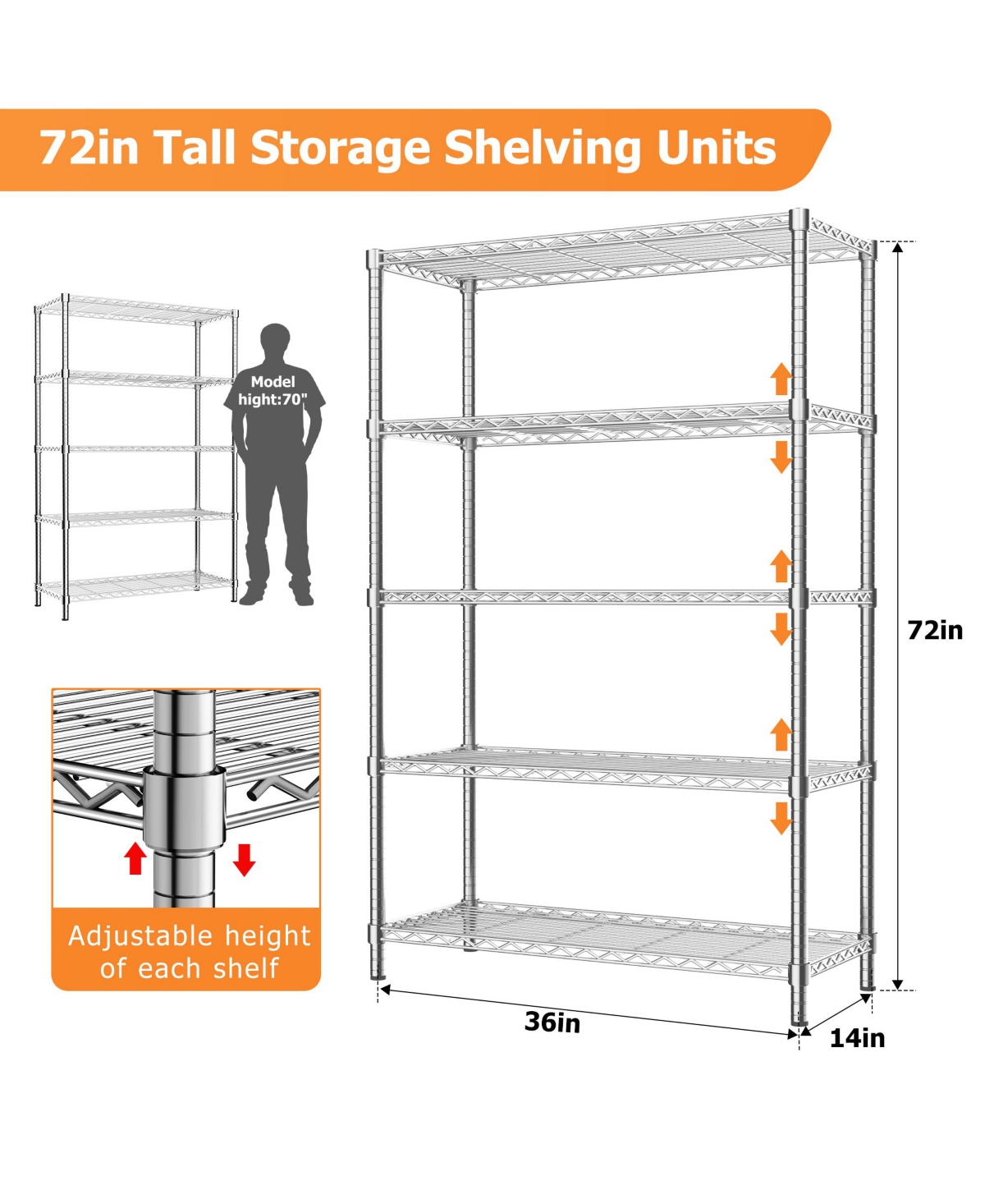 Lovmor 5-Tier 36 in W x 72 in H x 14 in D Height Adjustable Garage Wire Shelving Unit