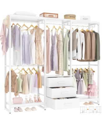 Heavy Duty Closet Rack with 5 Hanging Rods & 3 Fabric Drawers, Reversible Garment Rack with Shelves for Closet/Bedroom