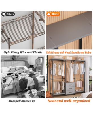 Heavy Duty Closet Rack with 5 Hanging Rods & 3 Fabric Drawers, Reversible Garment Rack with Shelves for Closet/Bedroom