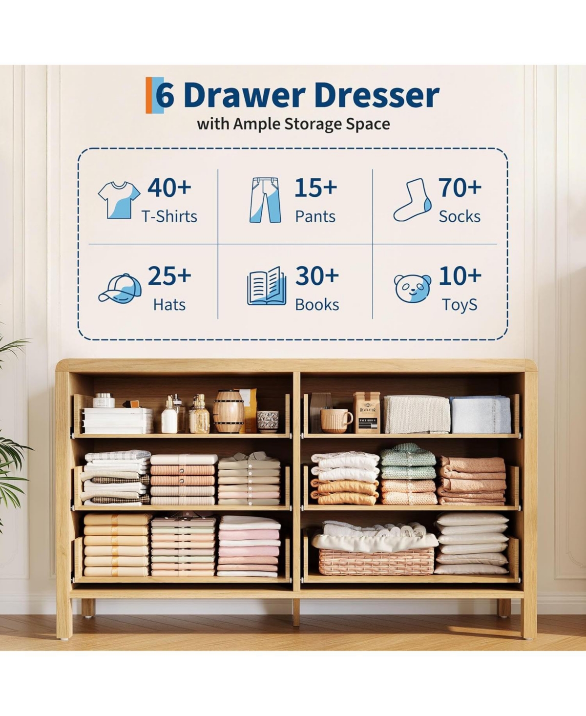 gaomon 6-Drawer Modern Bedroom Dresser Chest Closet Storage Cabinet Organizer for Bedroom, Living Room, Hallway, Office