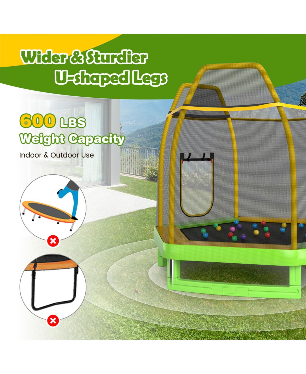 Sugift 7 Feet Trampoline with Ladder and Slide for Indoor and Outdoor-Green