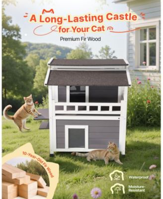 Insulated 2-Story Wooden Outdoor Cat House with Balcony, 33