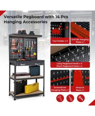Tool Storage Workbench with Pegboard with 14 Hanging Accessories for Garage