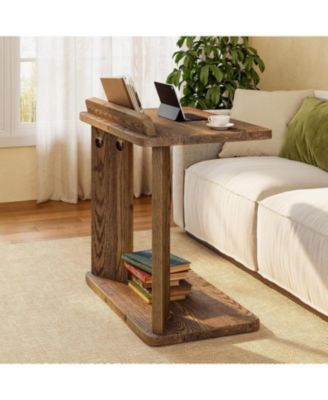 Solid Wood C-Shaped End Table, Farmhouse Wooden Side Table with Book Groove & Holder, 2-Tier Bedside Nightstand