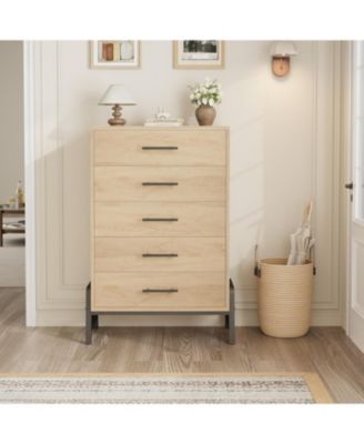 5-Drawer Natural Oak Dresser, 50.5 Inch Tall Freestanding Wood Chest, Large Closet Storage for Home Office