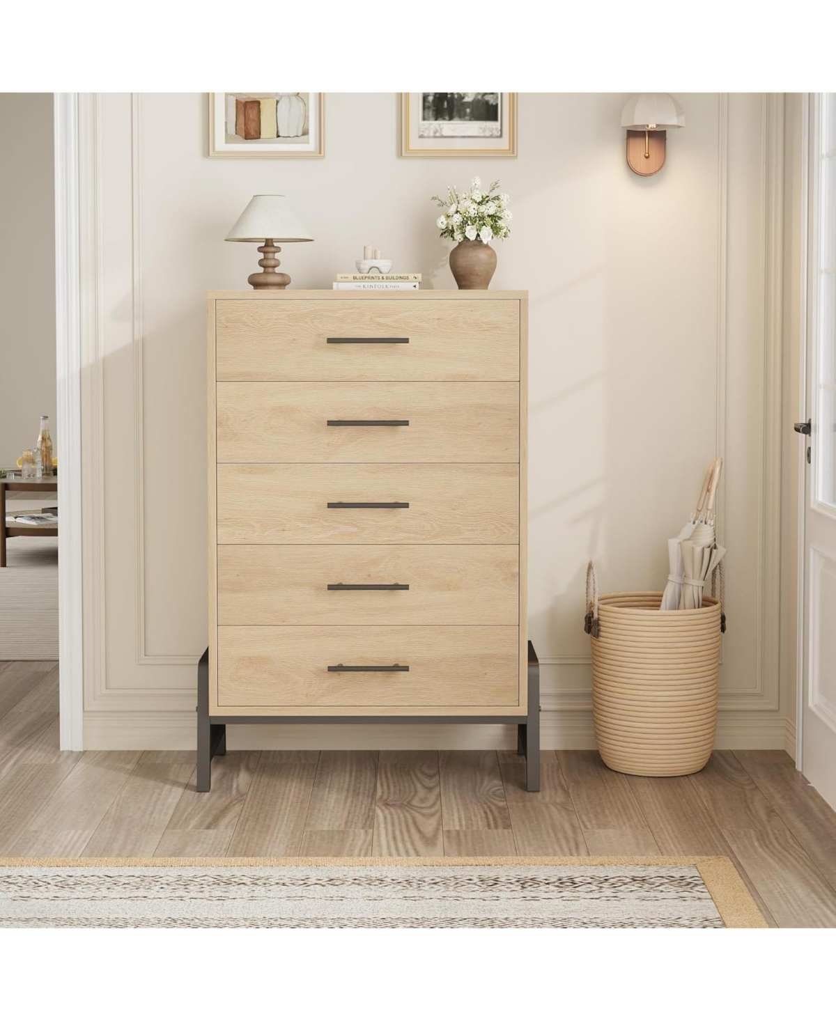 gaomon 5-Drawer Natural Oak Dresser, 50.5 Inch Tall Freestanding Wood Chest, Large Closet Storage for Home Office