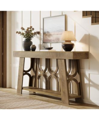 Narrow Farmhouse Console Table with 2-Tier Storage, 63" Long Sofa Entryway Table, Light Brown