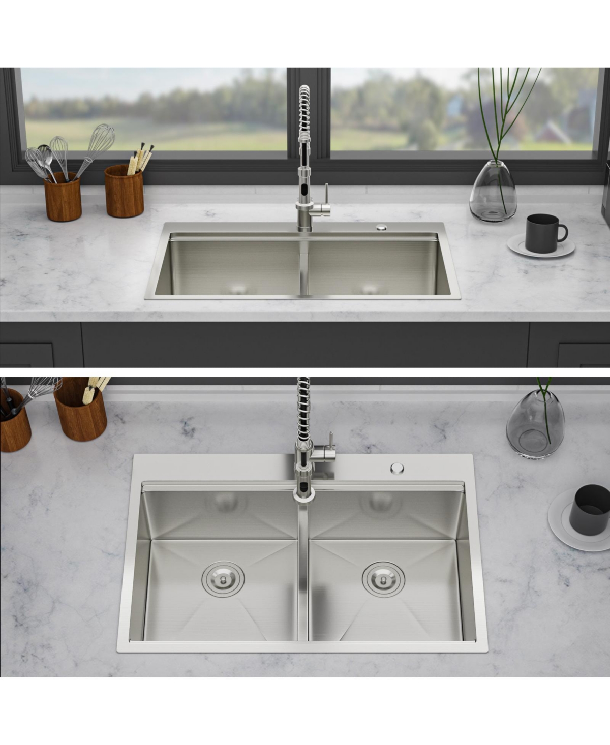 flynama 36x22x10inch Topmount Double Bowl Kitchen Sink 16 Gauge Stainless Steel 50 and 50 Split Brushed Nickel
