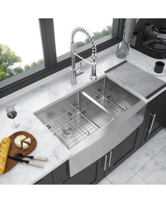 33x21x10 Inch Double Bowl 60 and 40 Farmhouse Apron Front Kitchen Sink 16 Gauge T304 Stainless Steel With Two 10 Inch Deep Basin