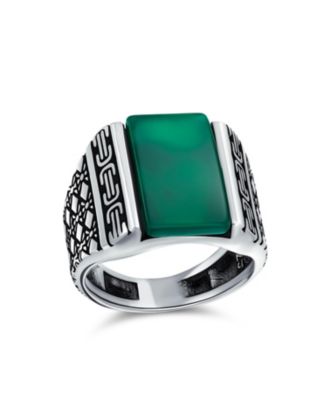 Cable Etching Band Natural Green Agate Rectangle Signet Ring Heavy .925 Sterling Silver