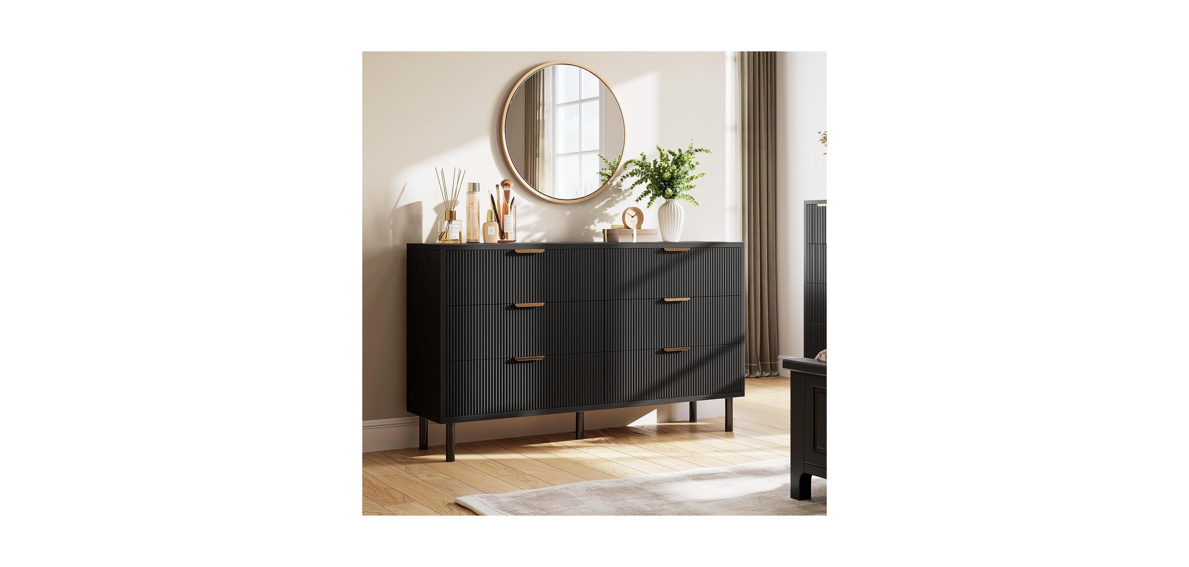 gaomon Wooden Wave Fluted 6 Drawer Dresser Modern Chest of Drawers with Anti-Tipping Design Wide Double Dresser with Metal Legs and Handles