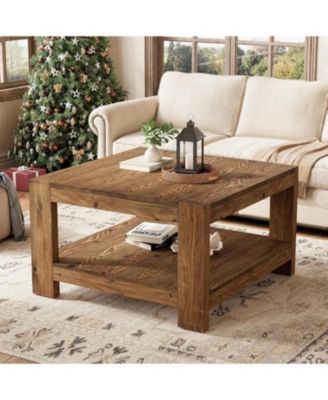 31.5" Square Solid Wood Coffee Table, 2-Tier Farmhouse Center Table for Living Room & Office, Rustic Brown