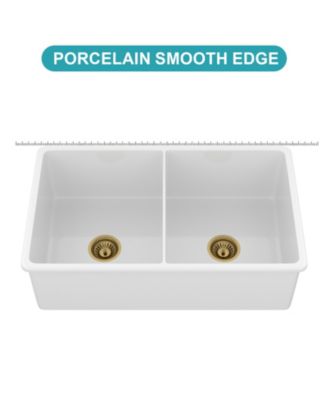 White Fireclay Farmhouse Kitchen Sink, Double Bowl, Undermount/Dual Mount, 32" x 19" x 10"