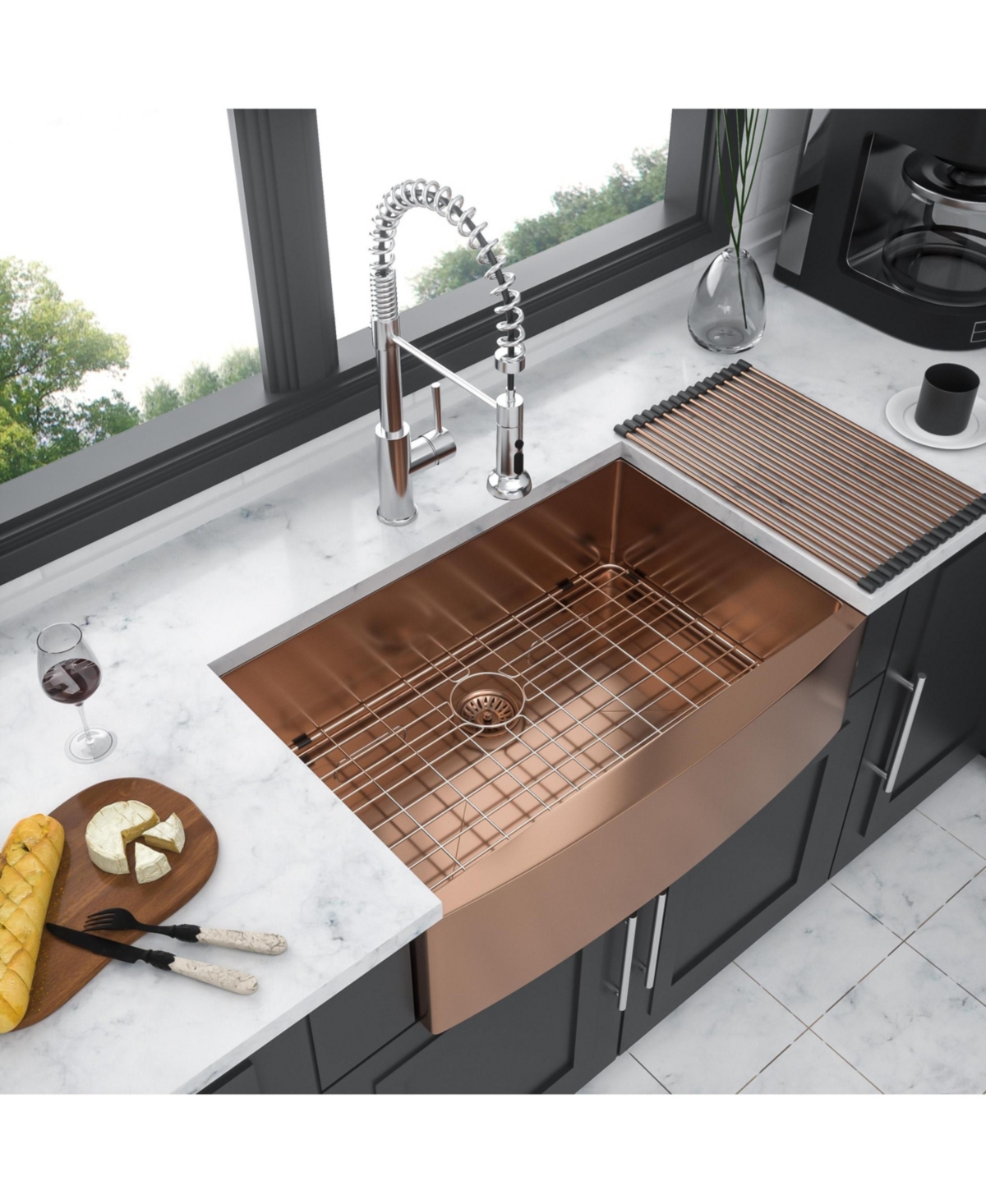 Flynama 36" Rose Gold Farmhouse Apron Front Kitchen Sink, 16-Gauge T304 Stainless Steel with Dish Grid, Drain Assembly & Drying Rack