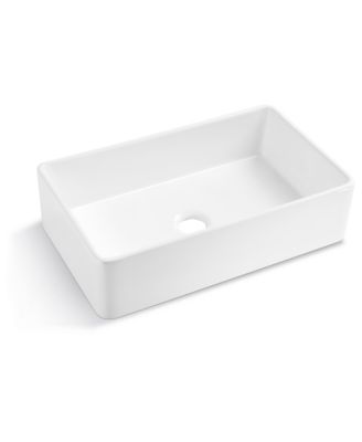 White Ceramic Farmhouse Kitchen Sink, Single Basin, Apron Front, Heat & Stain Resistant with Basket Strainer, 33" x 20" x 10"