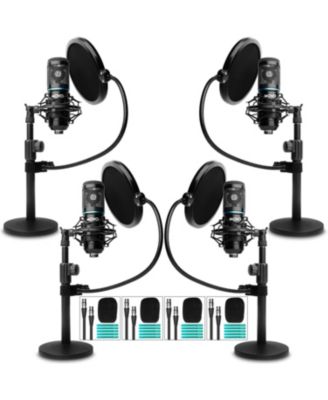 4-Pack Universal Cardioid Podcasting Microphone Bundle with Tabletop Mic Stand and Pop Filter, for XLR Outputs