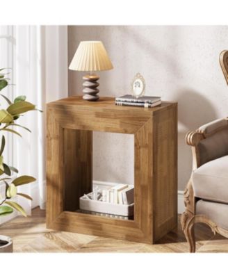 Rustic End Table, 2-Tier Wooden Side Table with Sturdy Base, Farmhouse Narrow Nightstand with Storage Shelf