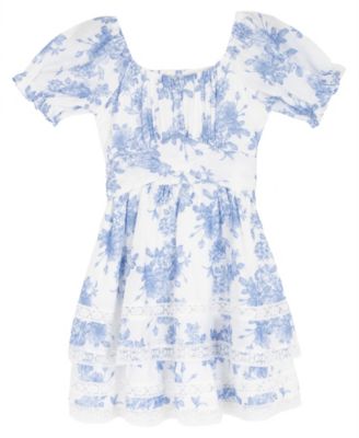 Girls' 7-16 Toile Puff-Sleeve Lace Trim Dress