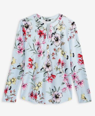 Petite Floral-Print Henley Top
