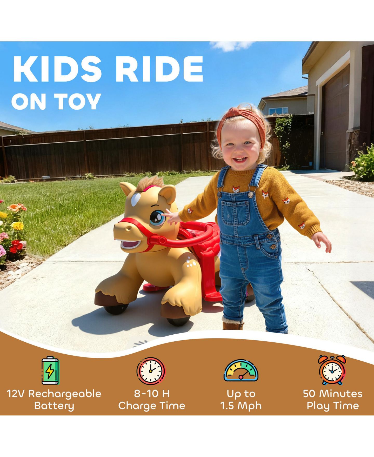 Детская игрушка Qaba 12V Battery-Powered Interactive Ride-On Horse Toy, Ages 1.5+, цвет: Коричневый — фото 5