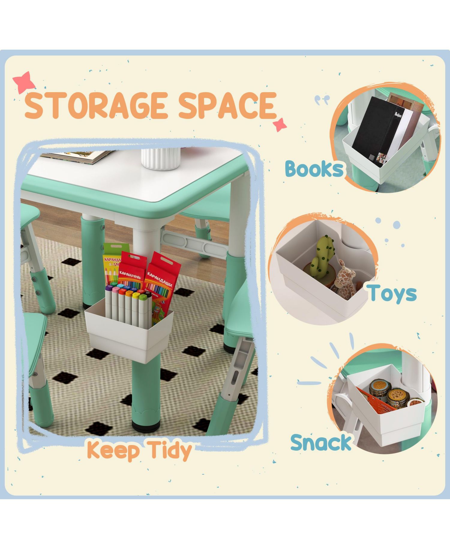 Kids Table and Chair Set Height Adjustable 5 Piece Toddler Table Set with Storage Box Easy Clean Activity Table with 4 Chairs for 18M 5Y Green