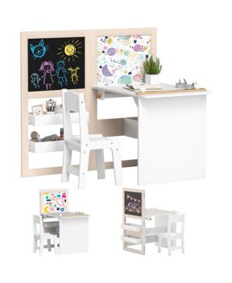 Kids Table and Chair Set 3 in 1 Art Table with Storage Shelves Foldable Blackboard Whiteboard Roll Paper for Kids 3-8 Years White