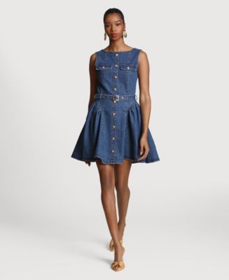 denim flounce dress Avec Les Filles Women's Button Front Denim Flounce Mini Dress