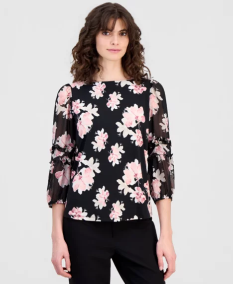 Petite Floral Print Ruffle-Sleeve Top - Anne Black Multi